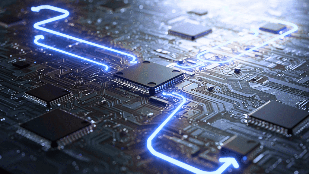 تجسد هذه الصورة جوهر البنية التحتية لنظم المعلومات (Information Systems Infrastructure) والعمليات الداخلية. الشرائح والمعالجات تمثل مكونات الأجهزة (Hardware Components) الأساسية التي تشغل خوادم (Servers) ومراكز البيانات (Data Centers). المسارات الزرقاء المضيئة ترمز إلى تدفق البيانات (Data Flow) السريع ومعالجة البيانات (Data Processing) عبر النظام، مما يشير إلى أداء شبكات الحاسوب (Computer Networks) عالية السرعة. إنها تمثل الأساس المادي لـالحوسبة السحابية (Cloud Computing) والمؤسسات الرقمية (Digital Enterprise) الحديثة.