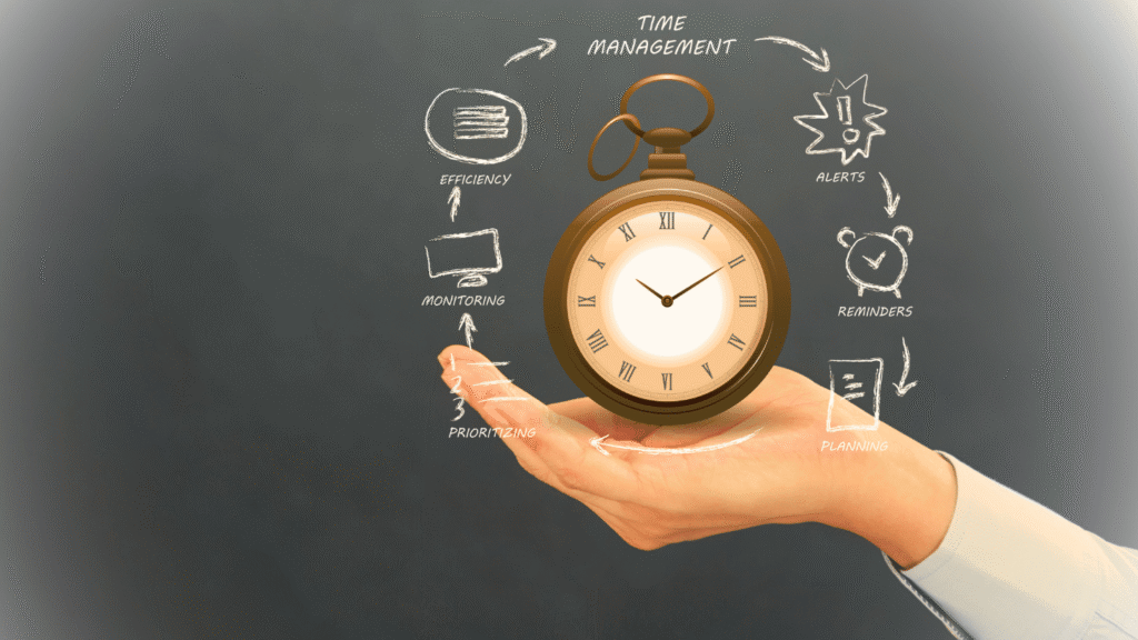 صورة مفاهيمية رائعة تركز على أهمية تنظيم الوقت الفعال. يتمحور الرسم حول ساعة قديمة محاطة بمفاهيم إدارة الوقت مثل التخطيط وتحديد الأولويات، ما يشير إلى أن التحكم بالوقت هو مفتاح زيادة الإنتاجية اليومية في بيئة العمل والحياة الخاصة. هذا التركيز على الكفاءة يساعد الأفراد بشكل مباشر على تحقيق التوازن بين العمل والحياة الشخصية والحصول على نتائج أفضل بجهد أقل.