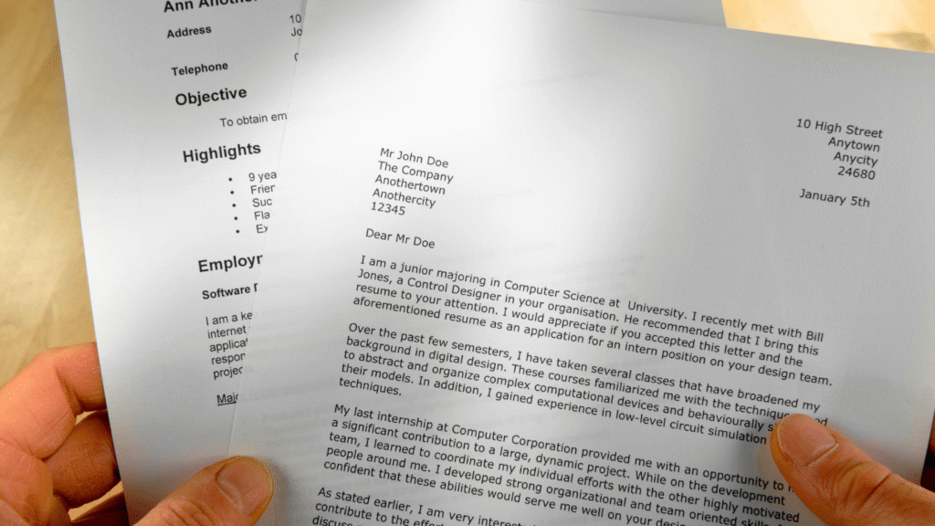 يدان تحملان وثيقتين، إحداهما هي خطاب التقديم على وظيفة يظهر نص رسالة تعريفية واضحة، والأخرى جزء من سيرة ذاتية في الخلفية.