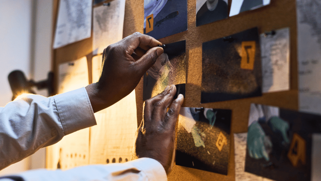 صورة تركز على جانب التحقيق الجنائي واتخاذ القرار. تُظهر يدي محقق جنائي وهو يثبت دليلاً على لوحة مرجعية، حيث تظهر صور من مسرح الجريمة وعلامات الأدلة المادية. تجسد هذه الصورة مرحلة ربط الخيوط والقدرة على التحليل والاستنتاج، وهي مهارات أساسية مطلوبة للمحققين في النيابة العامة أو الأمن العام لتنظيم الأدلة والوصول إلى قرار نهائي.