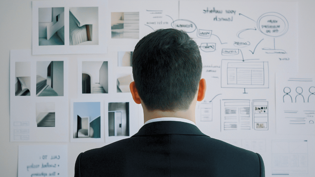 لقطة تظهر شخصًا ينظر إلى لوح أبيض مليء بالمخططات والتصاميم، مما يؤكد أهمية التخطيط الاستراتيجي والتركيز العميق في البيئة المهنية الحديثة. هذه الخطوات التأسيسية ضرورية لتحقيق النجاح في العمل وتحديد الأولويات الصحيحة، وبالتالي زيادة الإنتاجية بشكل ملحوظ. التركيز الواضح على الأهداف يسهل عملية تنظيم الوقت بكفاءة ويقلل من فرص إدارة الإجهاد بشكل سلبي.