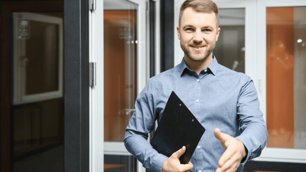 مندوب مبيعات ميداني يبتسم ويصافح العميل، وهو يمثل أفضل وظائف بدون شهادة للرجال التي تعتمد على مهارة التفاوض والعمولة العالية.