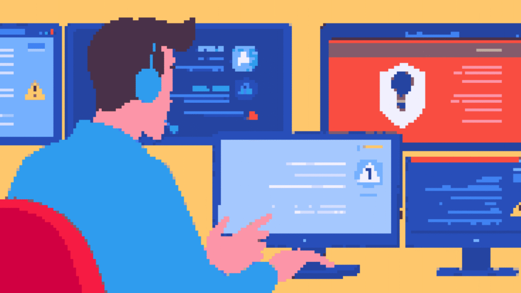 صورة توضيحية لمتخصص أمن سيبراني يعمل أمام عدة شاشات لمراقبة الأنظمة، تحليل الهجمات الإلكترونية، واكتشاف الثغرات. تُستخدم الصورة في مقالات المقارنة بين الأمن السيبراني ونظم المعلومات.