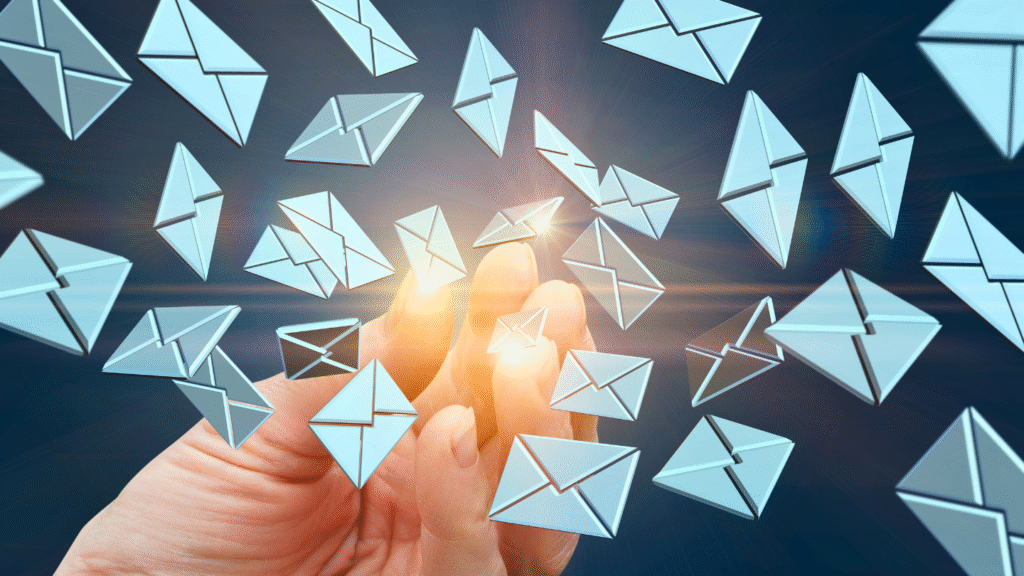 يد تلامس رموز رسائل بريد إلكتروني تطير في الهواء، في مشهد يعبّر عن سرعة التواصل الرقمي وإدارة الرسائل في عالم التقنية الحديثة.