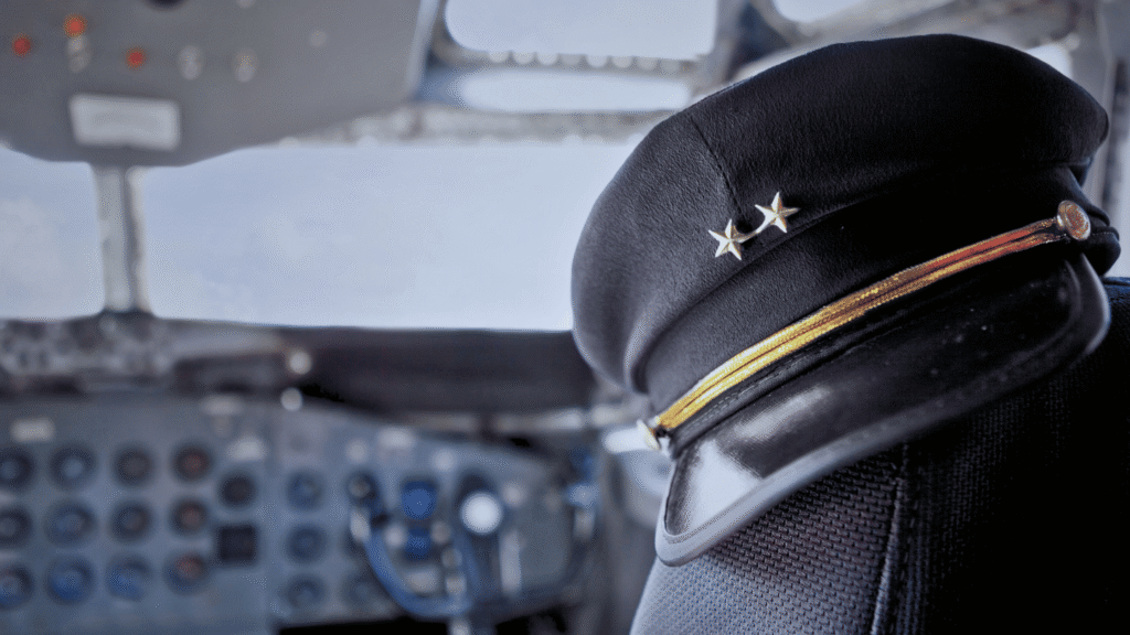 قبعة طيار سعودي برتبة عالية داخل قمرة القيادة، ترمز إلى المسار المهني المرتبط بتساؤل: كم راتب الطيار السعودي؟