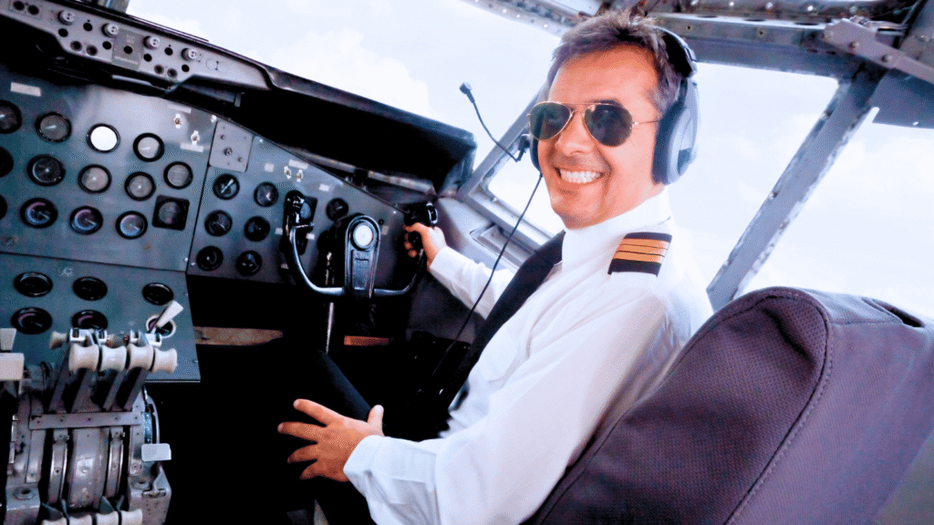 طيار سعودي يبتسم ويرتدي النظارات الشمسية وسماعات الرأس داخل قمرة القيادة.