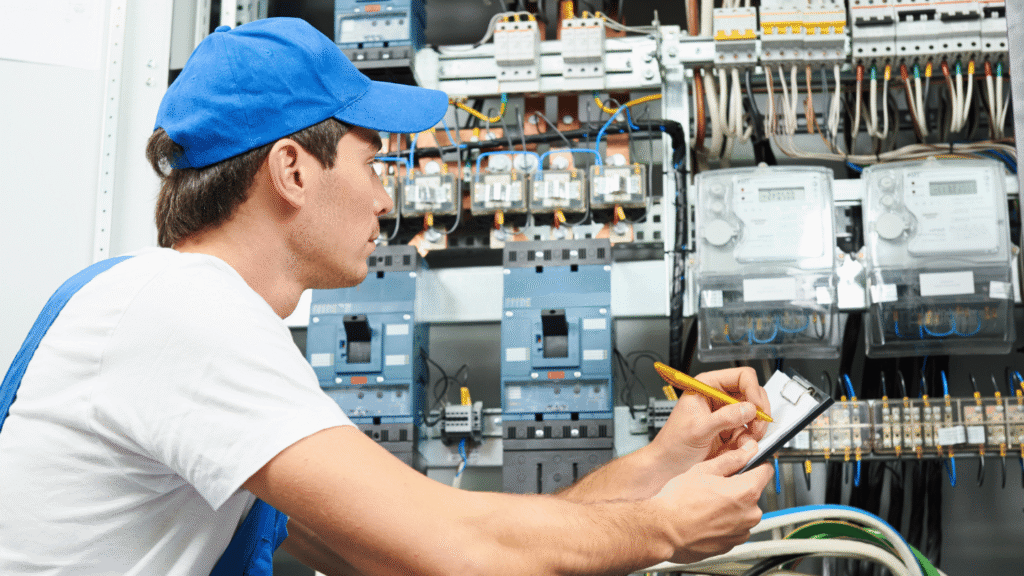 فني صيانة كهرباء يرتدي قبعة زرقاء ويفحص لوحة توزيع كهربائية في وظائف بدون مؤهل، ويسجل الملاحظات في قائمة فحص.