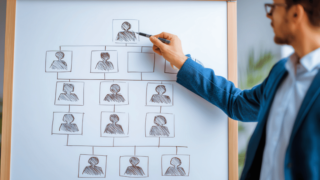 شخص يشير إلى هيكل تنظيمي (مخطط هرمي). يوضح كيفية فهم هيكل المؤسسة ومعايير الترقية الوظيفية، والمسار المطلوب داخل العمل.