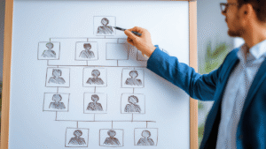 شخص يشير إلى هيكل تنظيمي (مخطط هرمي). يوضح كيفية فهم هيكل المؤسسة ومعايير الترقية الوظيفية، والمسار المطلوب داخل العمل.