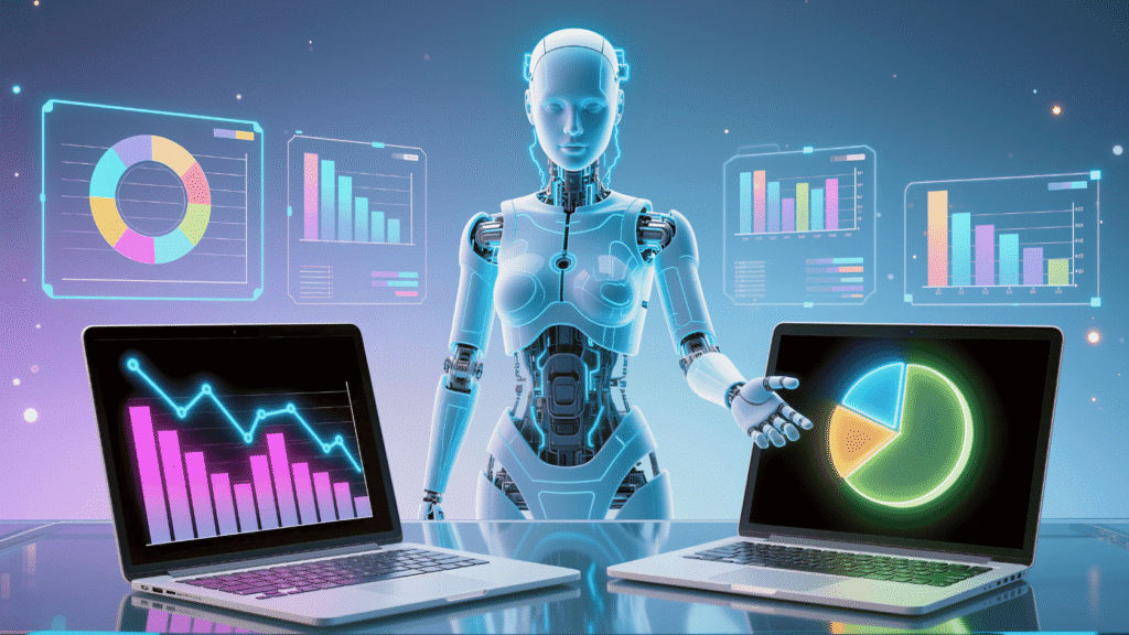 روبوت ذكاء اصطناعي (AI) متطور يحلل البيانات عبر رسوم بيانية وهولوغرام، يجسد مهارات البرمجة، علم البيانات، وتقنيات وظائف المستقبل والتحول الرقمي في بيئة عمل ذكية.